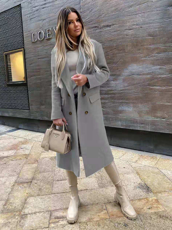 Double Breasted Lapel Collar Lined Woolen Coat with Pockets