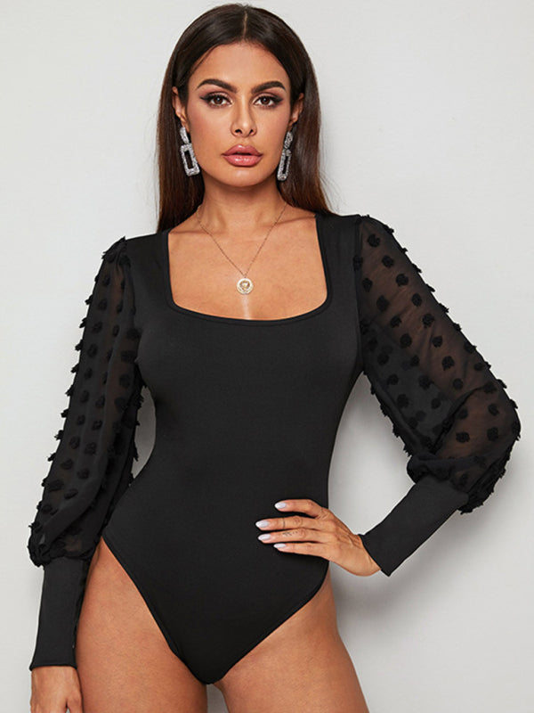 Square Neckline Sheer Long Sleeve Bodysuit