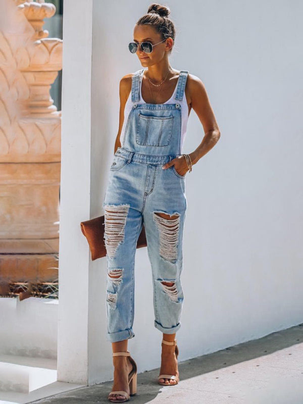 Washed Ripped Denim Overalls with Pockets