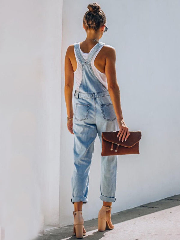 Washed Ripped Denim Overalls with Pockets