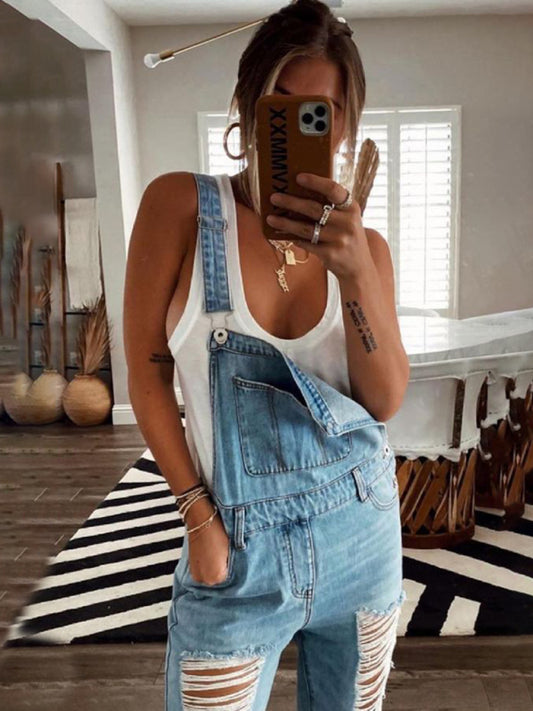 Washed Ripped Denim Overalls with Pockets