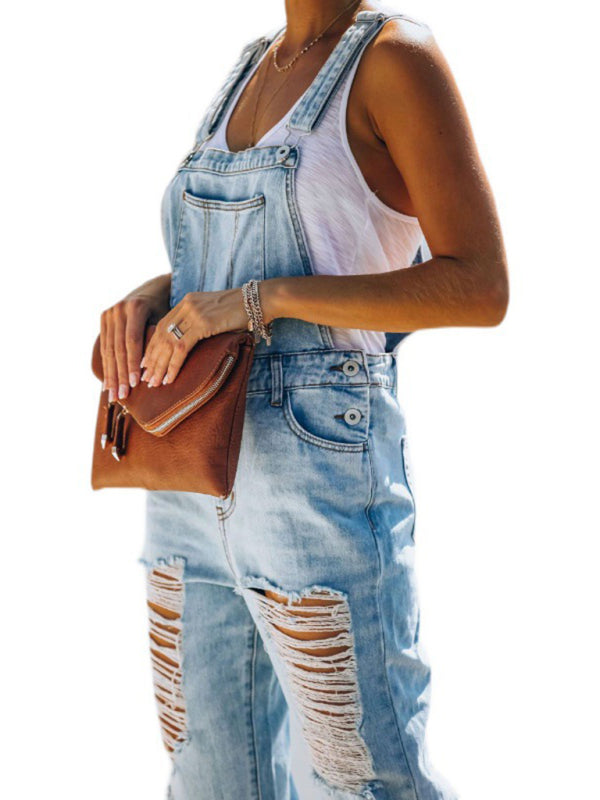 Washed Ripped Denim Overalls with Pockets