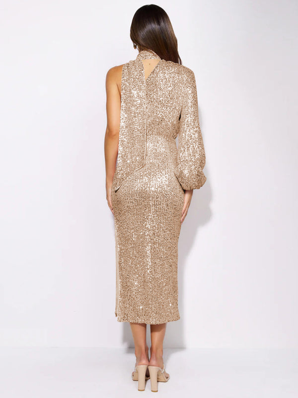 One Shoulder Scarf Slit Sequin Evening Midi Dress