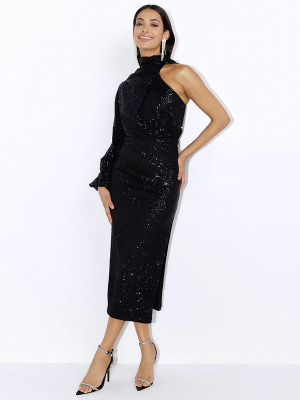 One Shoulder Scarf Slit Sequin Evening Midi Dress