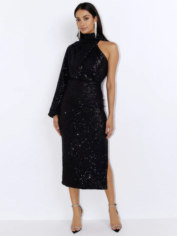 One Shoulder Scarf Slit Sequin Evening Midi Dress