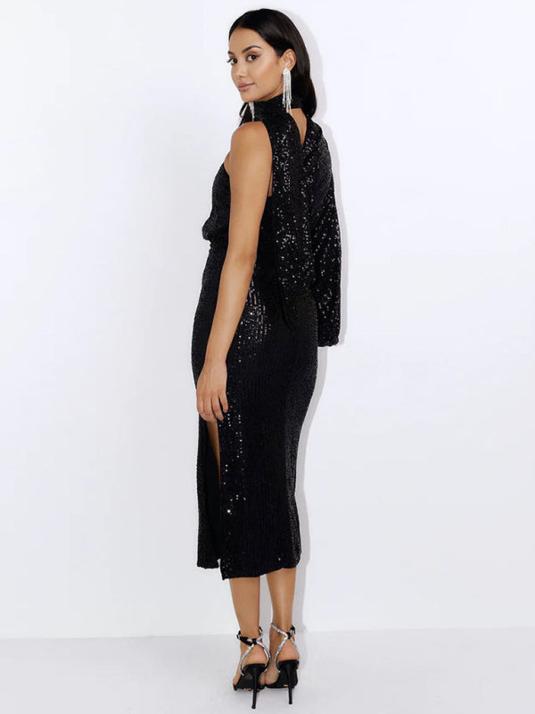 One Shoulder Scarf Slit Sequin Evening Midi Dress