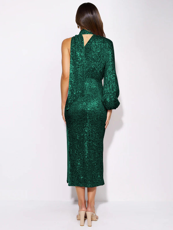 One Shoulder Scarf Slit Sequin Evening Midi Dress