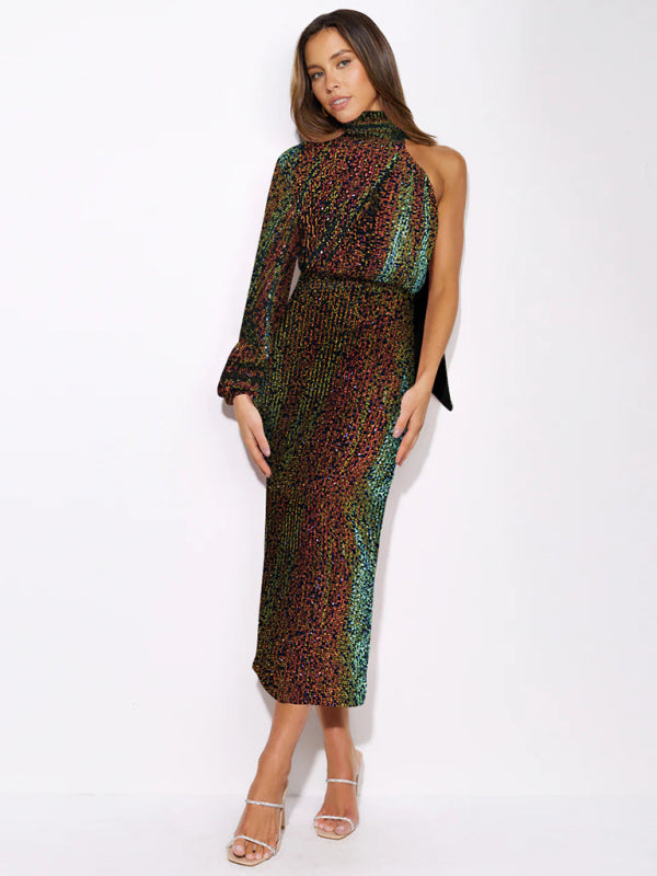 One Shoulder Scarf Slit Sequin Evening Midi Dress