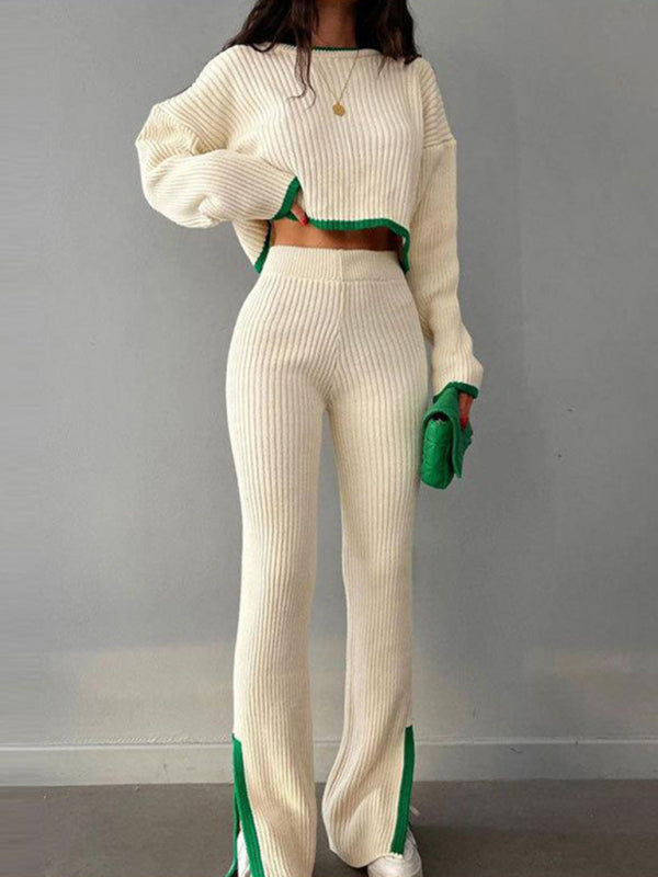 Ribbed Contrast Color Cropped Sweater & Slit Flare Pants with Pockets 2-Piece Set