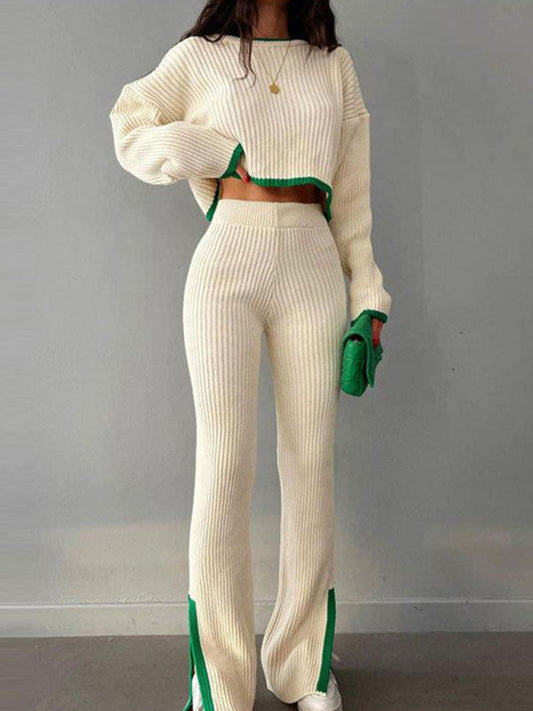Ribbed Contrast Color Cropped Sweater & Slit Flare Pants with Pockets 2-Piece Set