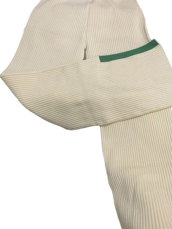 Ribbed Contrast Color Cropped Sweater & Slit Flare Pants with Pockets 2-Piece Set