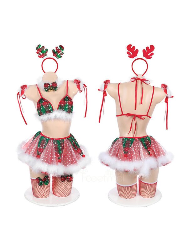 Women's Festive Sheer Plaid Print with Fur Trim 7-piece Lingerie Set, Only 20 Sets in Stock
