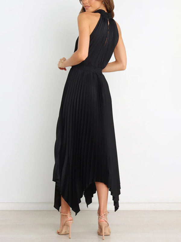 Solid Color Sleeveless Halter Neck V-Neck Pleated Asymmetrical Skirt Midi Dress