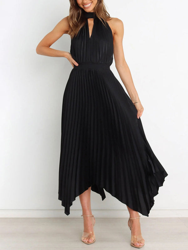 Solid Color Sleeveless Halter Neck V-Neck Pleated Asymmetrical Skirt Midi Dress