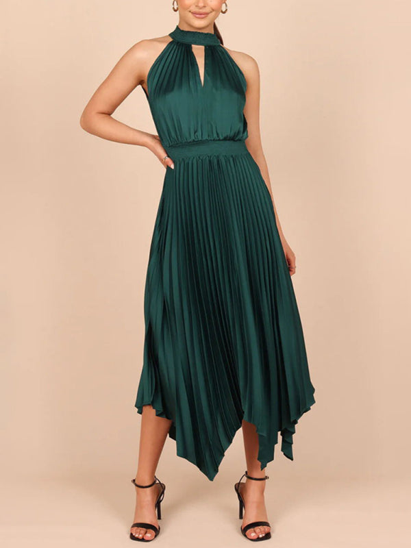 Solid Color Sleeveless Halter Neck V-Neck Pleated Asymmetrical Skirt Midi Dress