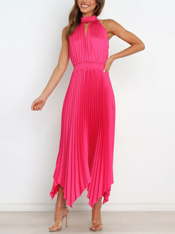 Solid Color Sleeveless Halter Neck V-Neck Pleated Asymmetrical Skirt Midi Dress