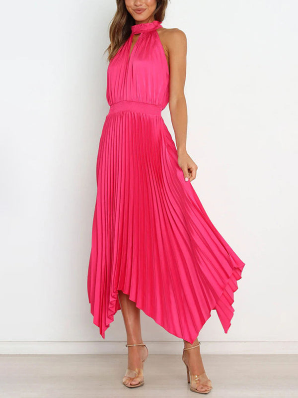 Solid Color Sleeveless Halter Neck V-Neck Pleated Asymmetrical Skirt Midi Dress