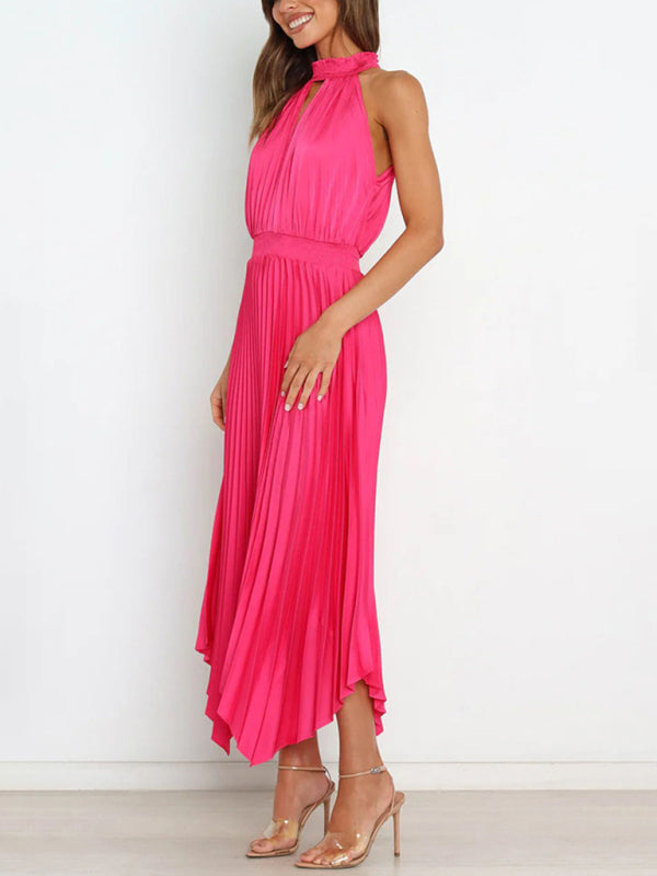 Solid Color Sleeveless Halter Neck V-Neck Pleated Asymmetrical Skirt Midi Dress