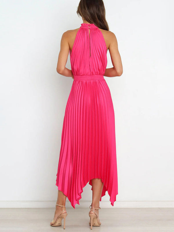 Solid Color Sleeveless Halter Neck V-Neck Pleated Asymmetrical Skirt Midi Dress