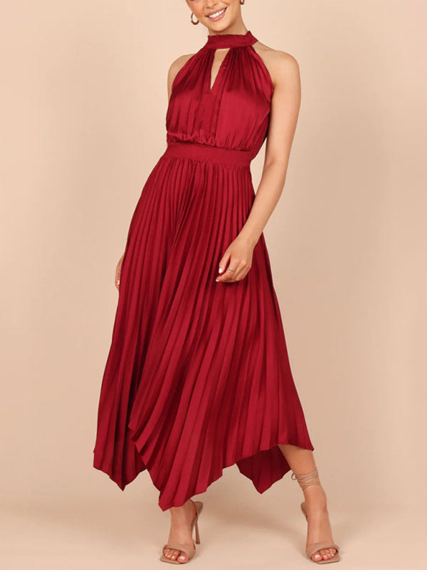 Solid Color Sleeveless Halter Neck V-Neck Pleated Asymmetrical Skirt Midi Dress