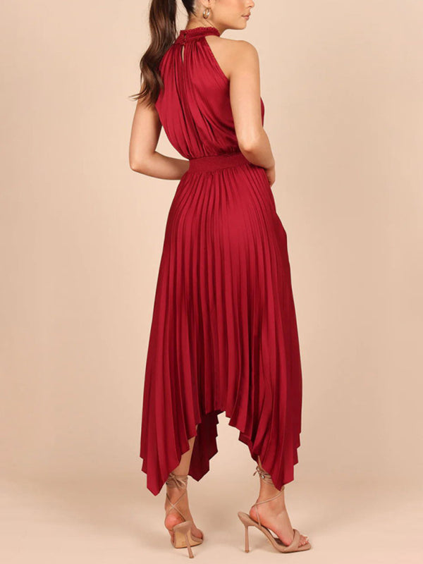 Solid Color Sleeveless Halter Neck V-Neck Pleated Asymmetrical Skirt Midi Dress