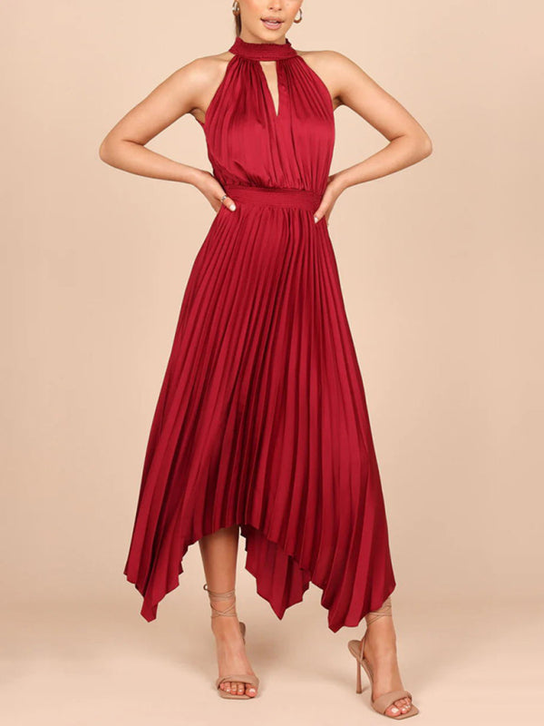 Solid Color Sleeveless Halter Neck V-Neck Pleated Asymmetrical Skirt Midi Dress