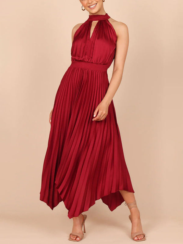 Solid Color Sleeveless Halter Neck V-Neck Pleated Asymmetrical Skirt Midi Dress