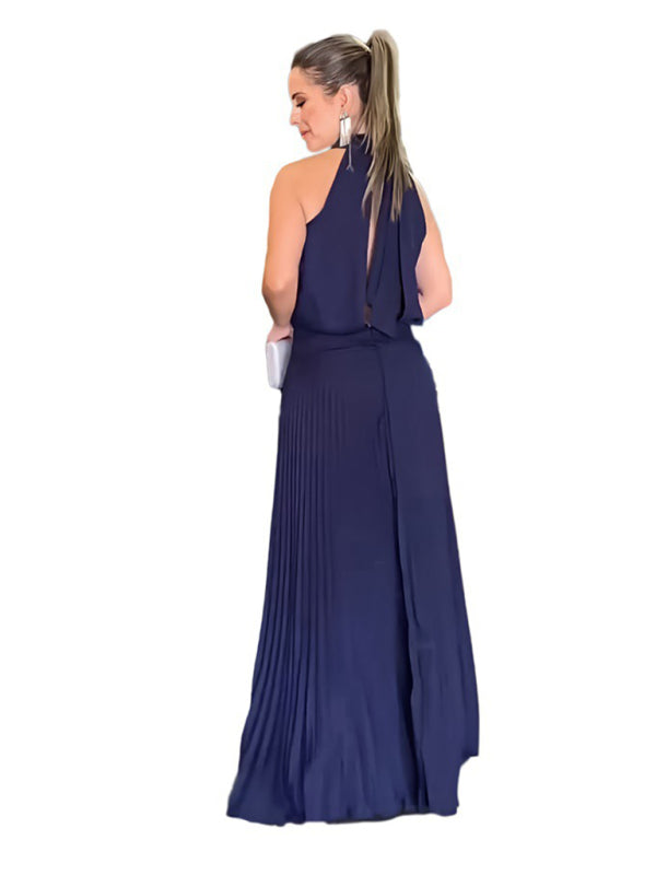 Halterneck Open Back Sleeveless Pleated Skirt Long Dress Available in Sizes S-2XL