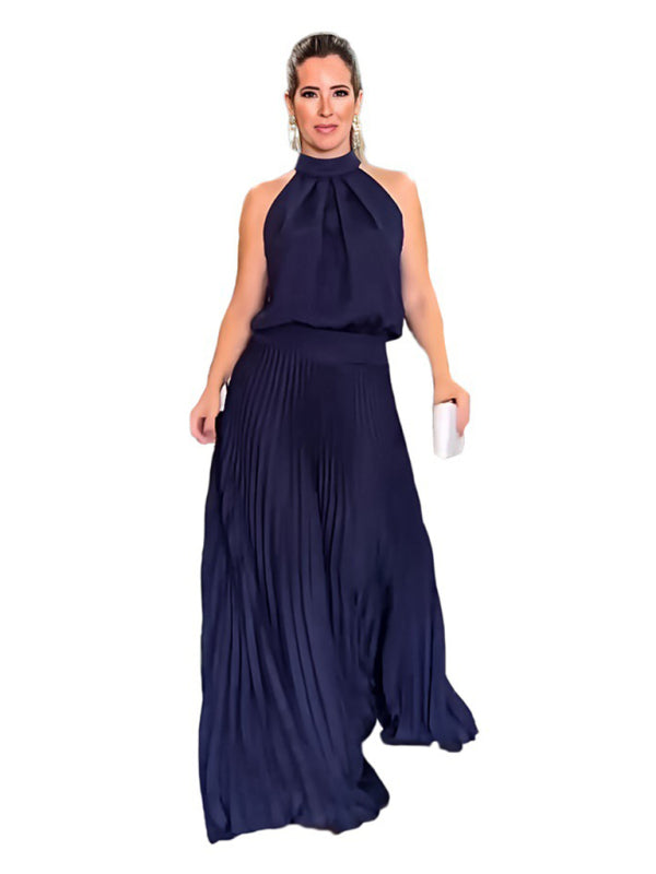 Halterneck Open Back Sleeveless Pleated Skirt Long Dress Available in Sizes S-2XL