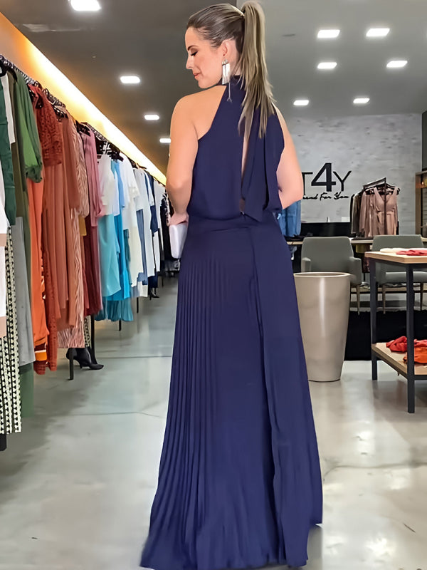 Halterneck Open Back Sleeveless Pleated Skirt Long Dress Available in Sizes S-2XL