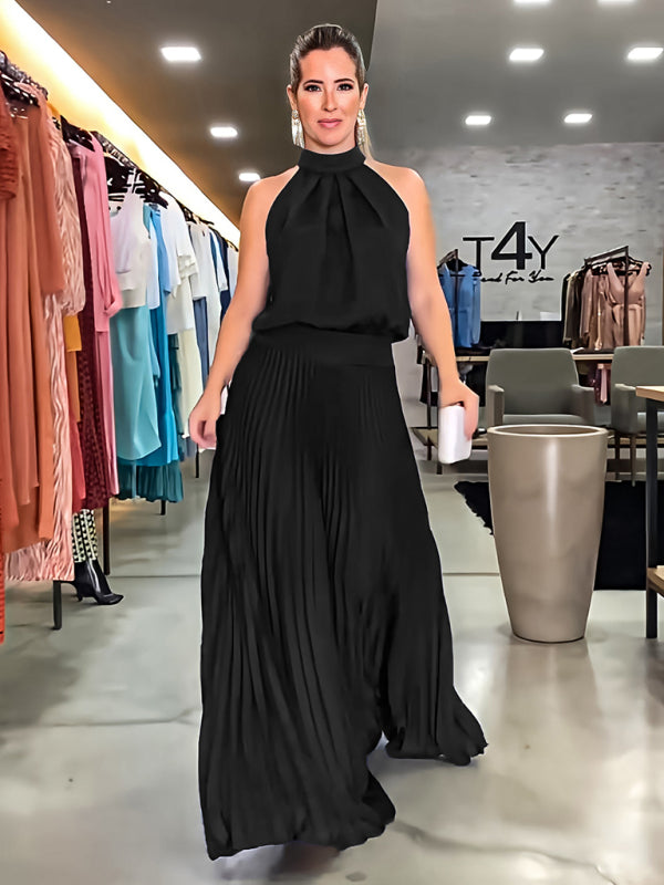 Halterneck Open Back Sleeveless Pleated Skirt Long Dress Available in Sizes S-2XL