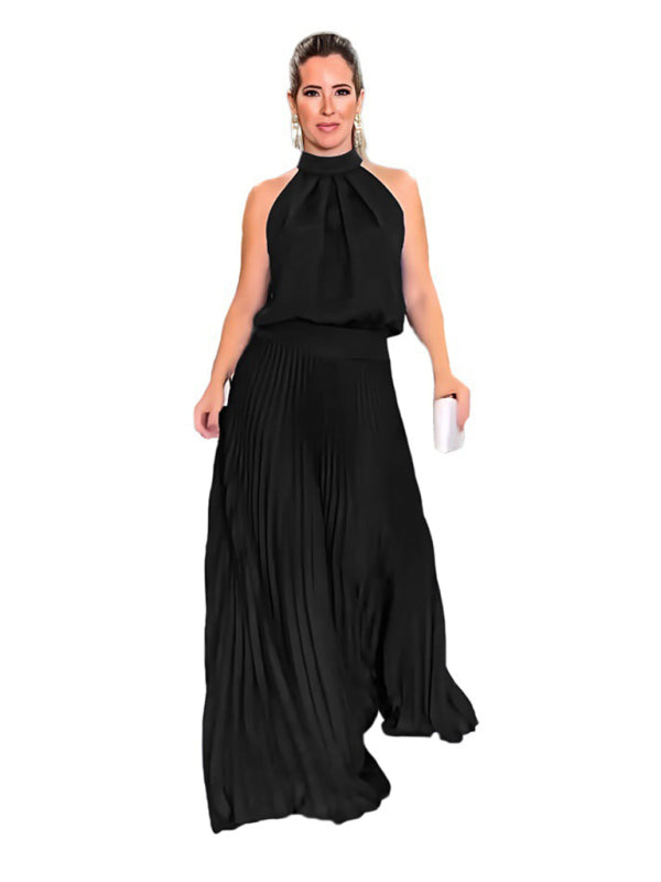 Halterneck Open Back Sleeveless Pleated Skirt Long Dress Available in Sizes S-2XL