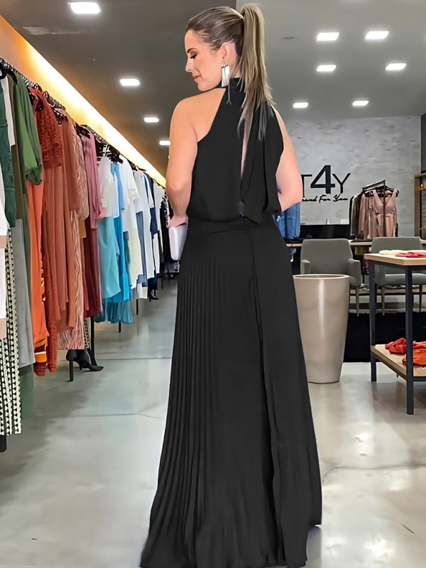 Halterneck Open Back Sleeveless Pleated Skirt Long Dress Available in Sizes S-2XL