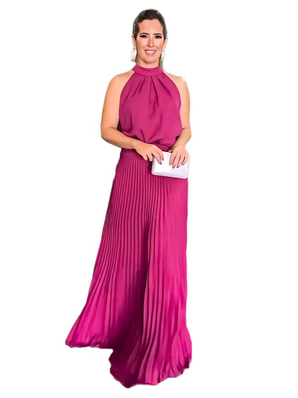 Halterneck Open Back Sleeveless Pleated Skirt Long Dress Available in Sizes S-2XL