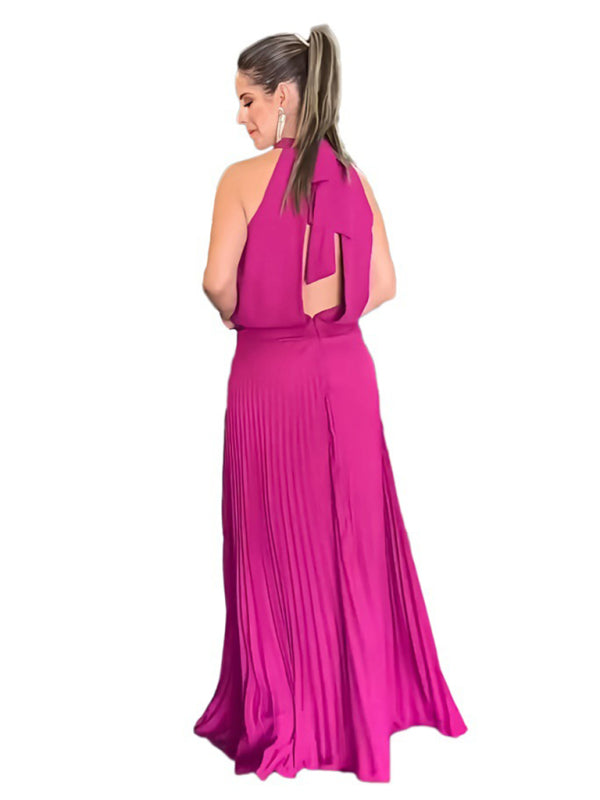 Halterneck Open Back Sleeveless Pleated Skirt Long Dress Available in Sizes S-2XL