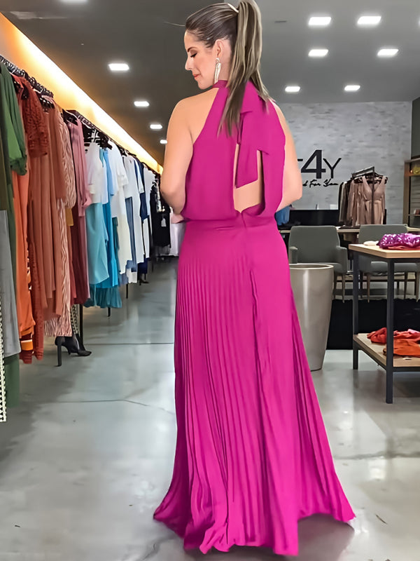 Halterneck Open Back Sleeveless Pleated Skirt Long Dress Available in Sizes S-2XL