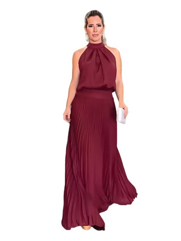 Halterneck Open Back Sleeveless Pleated Skirt Long Dress Available in Sizes S-2XL