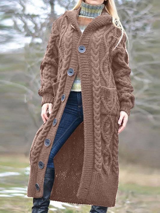 Hooded Woolen Knit Button Long Cardigan Available in S-3XL