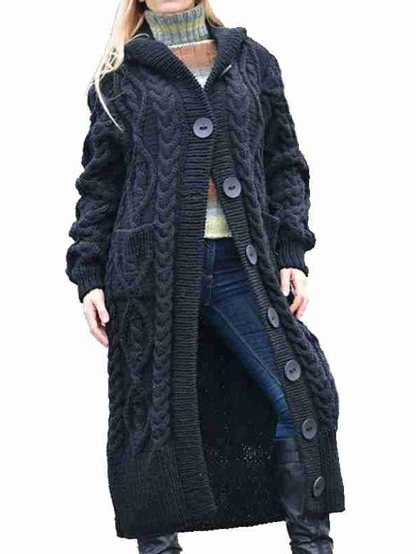 Hooded Woolen Knit Button Long Cardigan Available in S-3XL