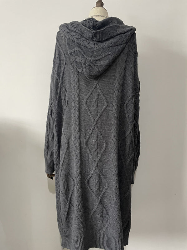 Hooded Woolen Knit Button Long Cardigan Available in S-3XL