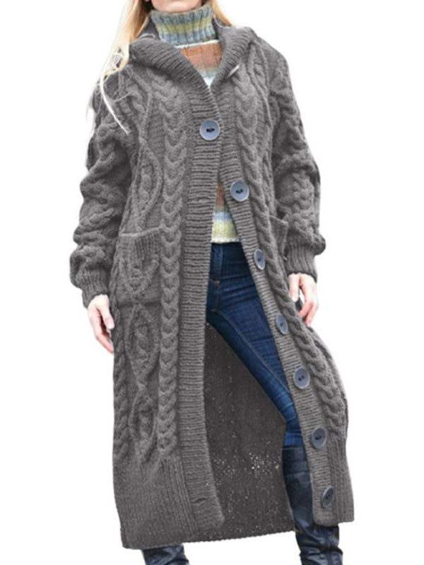 Hooded Woolen Knit Button Long Cardigan Available in S-3XL