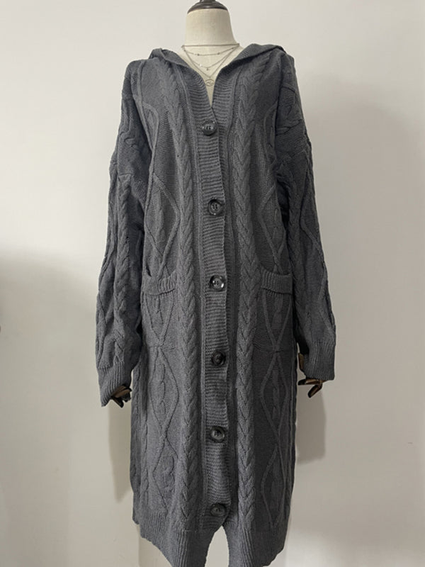 Hooded Woolen Knit Button Long Cardigan Available in S-3XL