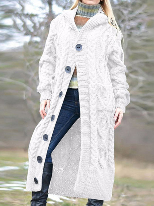 Hooded Woolen Knit Button Long Cardigan Available in S-3XL