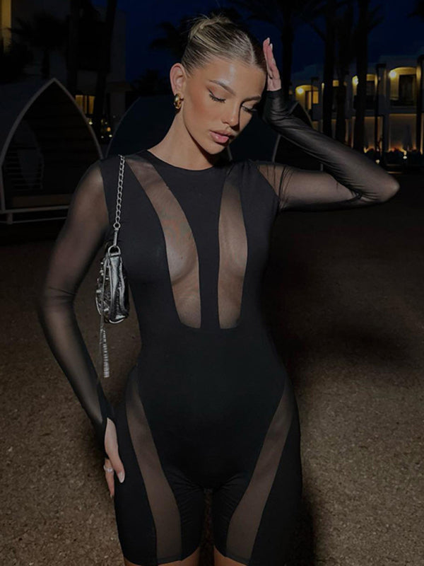 Round Neck Sheer Mesh Long Sleeves Jumpsuit