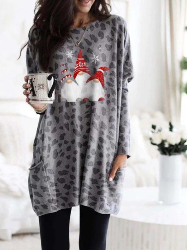 Gnome Leopard Print Long Sleeves Mini Dress with Pockets Available in S-5XL