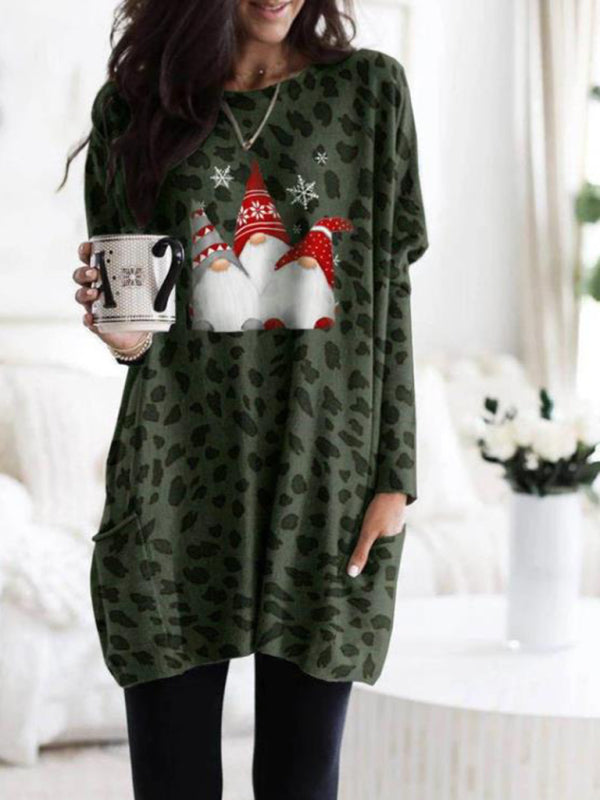 Gnome Leopard Print Long Sleeves Mini Dress with Pockets Available in S-5XL