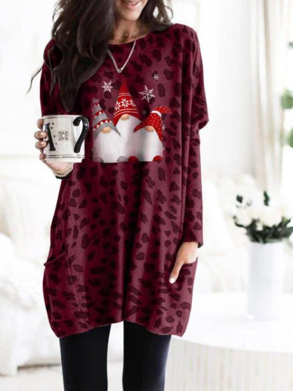 Gnome Leopard Print Long Sleeves Mini Dress with Pockets Available in S-5XL