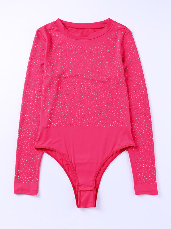 Women's Rhinestone Round Neck Long Sleeved Bodysuit