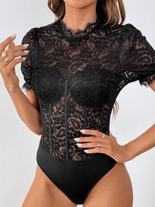 Round Neck Corset Bodice Short Sleeve Lace Bodysuit