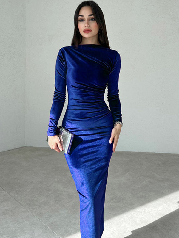 Solid Color Boat Neck Long Sleeve Ruched Bodycon Long Dress